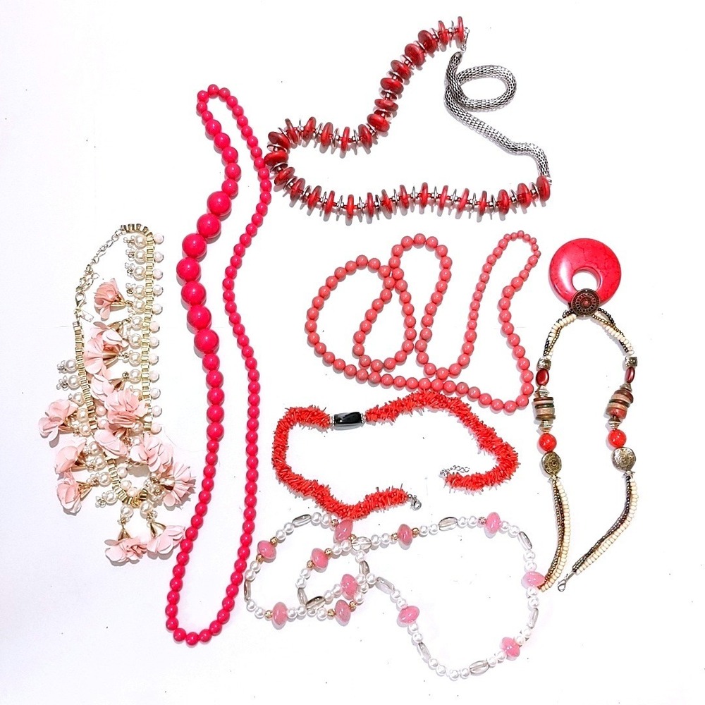 VTG Pink Red Beaded Necklace Lot 7 Women Statement Coral Style Boho Layered 80s